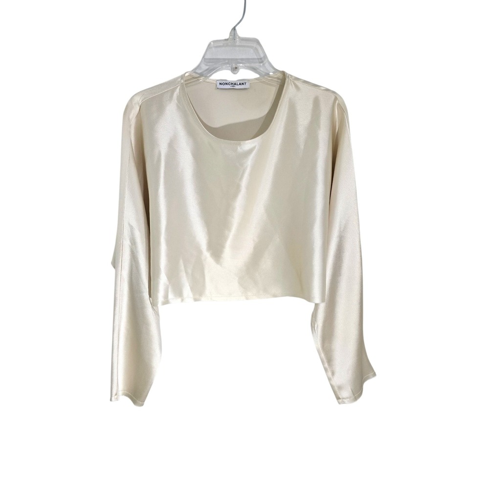 Nonchalant Label Ivory Satin Long Sleeve Crop Top Raw Hem Small Made in USA